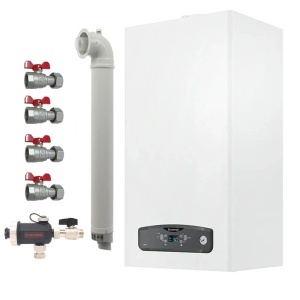 Pachet centrala termica pe gaz/GPL in condensare Ariston Cares S 24 kW, schimbator otel inox, incalzire si ACM, Kit evacuare inclus, Robineti si Filtru antimagnetita