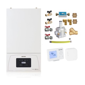 Pachet centrala termica pe gaz in condensare Motan Condens KPlus C38GC20V1, 20 kW, incalzire si ACM + Termostat wireless SENNA 270 RF si Kit complet armaturi montaj