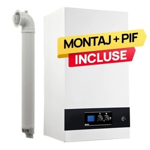 Pachet centrala termica pe gaz in condensare Newatherm Dione 24 kW, Eficienta ridicata pana la 109%, Clasa A, Vas expansiune 8 litri, Debit ACM 11.36 l/min, IPX4D, Kit de evacuare inclus + Montaj + PIF (valabil pentru NEAMT, IASI si BARLAD)