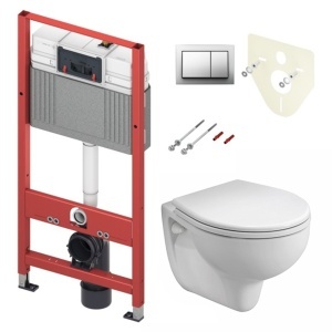 Pachet complet - Cadru cu rezervor Base si clapeta de actionare TECEbase crom lucios, inaltime de instalare 1120 mm + Vas WC suspendat TECE, 9700018 + 9400406