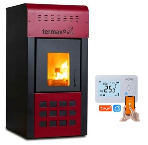 Pachet control inteligent - Termosemineu pe peleti Termax Kamin ECO, 25 kW, 160 mp, buncar peleti 45 kg, volum apa 42 litri, diametru cos fum ⌀80 mm, vas expansiune, pompa recirculare incluse, Bordo si Termostat inteligent WIFI KOPH