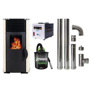 Pachet economic - Soba pe peleti KOPH PD 10 kW, cu aer cald, buncar peleti 12 kg, 60 mp, Crem + Stabilizator tensiune + Aspirator cenusa 1000W + Cos fum inox de interior ⌀80 mm