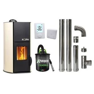 Pachet economic - Termosemineu cu peleti KOPH PM 30 kW, 200 mp, buncar peleti 30 kg, diametru cos fum ⌀80 mm, pompa recirculare si vas expansiune incorporate, Crem + Termostat inteligent + Aspirator cenusa 1000W + Cos fum inox de interior ⌀80 mm