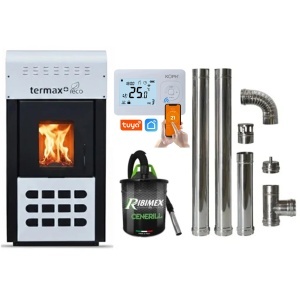 Pachet economic - Termosemineu pe peleti Termax Kamin ECO, 25 kW, 160 mp, buncar peleti 45 kg, diametru cos fum ⌀80 mm, vas expansiune si pompa recirculare incluse, Alb + Termostat inteligent + Aspirator cenusa 1000W + Cos fum inox de interior ⌀80 mm
