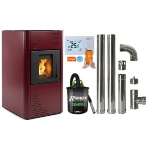 Pachet economic - Termosemineu pe peleti Termax Kamin PM 15 kW, 120 mp, buncar peleti 30 kg, diametru cos fum ⌀80 mm, vas expansiune si pompa recirculare incluse, Bordo + Termostat inteligent + Aspirator cenusa 1000W + Cos fum inox de interior ⌀80 mm