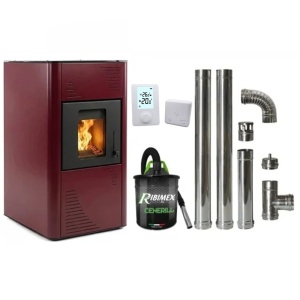 Pachet economic - Termosemineu pe peleti Termax Kamin PM 15 kW, 120 mp, buncar peleti 30 kg, diametru cos fum ⌀80 mm, vas expansiune si pompa recirculare incluse, Bordo + Termostat inteligent + Aspirator cenusa 1000W + Cos fum inox de interior ⌀80 mm