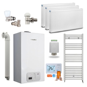 Pachet Economie si Eficienta - Centrala termica pe gaz/GPL in condensare Fondital Antea KC 24 kW, incalzire si ACM, Clasa A, Kit de evacuare inclus, calorifere, robineti tur/retur, cap termostatic Wi-Fi si termostat inteligent KOPH I302