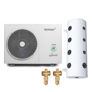 Pachet pompa de caldura Aer-Apa Termax 10 kW, Wi-Fi, Alimentare Monofazica, Monobloc, Compresor Mitsubishi, Inverter + Vas amestec instalatii TESY V50 + Robinet anti-inghet Caleffi 1"