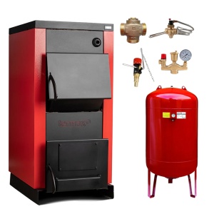 Pachet siguranta completa - Centrala/Cazan pe lemn Termax 35 kW, cu ardere standard, volum manta apa 105 litri, vas expansiune, vana termostatica, supapa termica, grup siguranta si regulator de tiraj