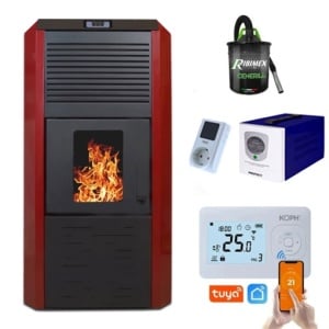 Pachet Smart Control - Termosemineu cu peleti Termax Kamin ECO, 30 kW, 220 mp, volum apa 49 litri, vas expansiune si pompa recirculare incluse + Termostat inteligent KOPH I302 WiFi + Aspirator cenusa 1000W + Sursa KOPH 500 W + Stecher