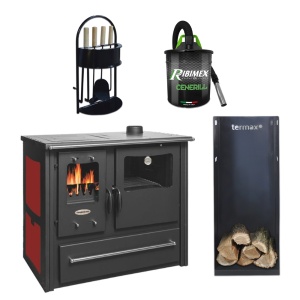 Pachet soba pe lemn Termax Rustik, Fonta, 9.5 kW, evacuare pe dreapta, cuptor integrat, randament 76.1%, 63 m², Bordo, set accesorii, aspirator cenusa si suport lemne foc metalic Termax XL