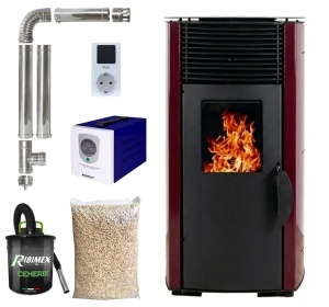 Pachet soba pe peleti KOPH PD 10 kW, cu aer cald, buncar peleti 12 kg, 60 mp, Sursa KOPH 700 W + Stecher Schuko cu protectie la joasa si inalta tensiune, Bordo