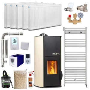 Pachet termosemineu cu peleti KOPH PM 18 kW, 120 mp, buncar 15 kg, diametru cos fum ⌀80 mm, pompa recirculare si 0vas expansiune incorporate, Crem, Calorifere, Grup siguranta, Sursa KOPH 700 W + Stecher Schuko cu protectie la joasa si inalta tensiune