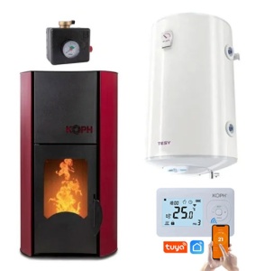 Pachet termosemineu cu peleti KOPH PM 25 kW Fiama, 170 mp, buncar peleti 25 kg, diametru cos fum ⌀80 mm, Boiler Termoelectric 100 litri, Termostat inteligent Wi-Fi KOPH, Grup de siguranta