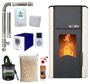 Pachet termosemineu cu peleti KOPH PM 30 kW, 200 mp, buncar peleti 30 kg, diametru cos fum ⌀80 mm, pompa recirculare si vas expansiune incorporate, Sursa KOPH 700 W + Stecher Schuko cu protectie la joasa si inalta tensiune, Crem