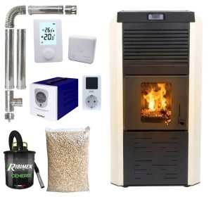 Pachet termosemineu cu peleti Termax Kamin ECO, 30 kW, 220 mp, buncar peleti 55 kg, volum apa 49 litri, diametru cos fum ⌀80 mm, vas expansiune si pompa recirculare incluse, Sursa KOPH 700 W + Stecher Schuko cu protectie la joasa si inalta tensiune, Crem