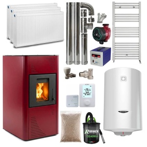 Pachet termosemineu cu peleti Termax Kamin PM 15 kW, 120 mp, buncar peleti 30 kg, volum apa 30 litri, diametru cos fum ⌀80 mm, vas expansiune si pompa recirculare incluse, Bordo, Calorifere, Boiler termoelectric