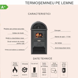 Pachet termosemineu pe lemn Termax Faurar, 11.52 kW, randament 85.59%, 75 m², Negru, Calorifere, Pompe Recirculare, Grup siguranta, Vas expansiune, Robineti tur/retur, Aspirator cenusa si Boiler termoelectric Tesy 80 litri - Img 8