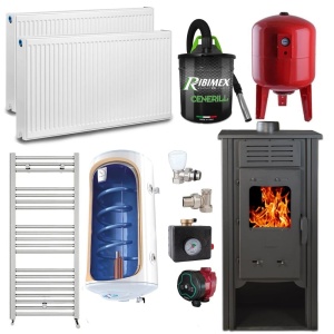 Pachet Termosemineu pe lemn Termax Hydra, 6.5 kW, randament 75.5%, 43 m², Bej, Calorifere, Pompa Recirculare, Grup siguranta, Vas expansiune, Robineti tur/retur, Aspirator cenusa si Boiler termoelectric Tesy 80 litri