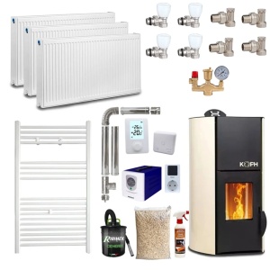Pachet termosemineu pe peleti KOPH PM 12 kW, 80 mp, buncar peleti 12 kg, diametru cos fum ⌀80 mm, pompa recirculare si vas expansiune incorporate, Calorifere, Robineti, Sursa KOPH 700 W + Stecher Schuko cu protectie la joasa si inalta tensiune, Crem