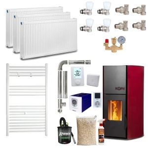 Pachet termosemineu pe peleti KOPH PM 12 kW, 80 mp, buncar peleti 12 kg, diametru cos fum ⌀80 mm, pompa recirculare si vas expansiune incorporate, Grup siguranta, Robineti, Calorifere, Sursa KOPH + Stecher