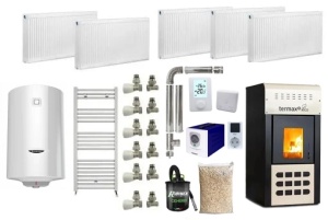 Pachet termosemineu pe peleti Termax Kamin ECO, 25 kW, cu agent termic, Calorifere, Boiler Termoelectric 100 litri, Sursa KOPH 700 W + Stecher Schuko cu protectie la joasa si inalta tensiune, recomandat pentru 160 mp