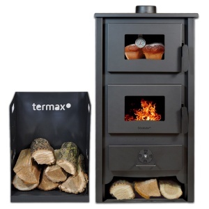 Pachet termosoba pe lemn Termax Codru, 24.43 kW, cuptor integrat, randament 85.10%, 155 m², Antracit si suport lemne foc metalic Termax M cu design vertical si robust, 50 x 40 x 36 cm - Img 1