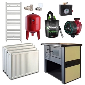 Pachet Termosoba pe lemn Termax Culina, 12.05 kW, evacuare pe dreapta, cuptor integrat, randament 85.29%, 80 m², Calorifere, Pompa Recirculare, Grup siguranta, Vas expansiune, Robineti tur/retur, Aspirator cenusa