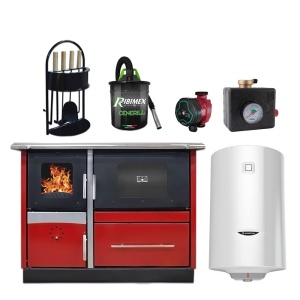 Pachet termosoba pe lemn Termax Maria 35 kW din otel, evacuare pe dreapta, cuptor, 230 mp, Bordo, pompa recirculare, grup siguranta, set accesorii, aspirator cenusa si boiler termoelectric 100 litri
