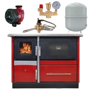 Pachet termosoba pe lemn Termax Maria 35 kW din otel, evacuare pe stanga, cuptor, design modern si functional, 230 mp, Bordo, Grup siguranta, Vas expansiune, Supapa termica si Pompa recirculare