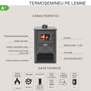 Termosemineu pe lemn Termax Vulcan, 11.52 kW, randament 85.59%, 75 m², Antracit - Img 6