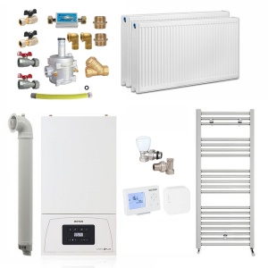 Pachet apartament cu 1 camera, centrala termica pe gaz in condensare Motan Condens KPlus C38GC20V1, 20 kW, Calorifere, Termostat Wireless, Set robineti tur/retur, Kit evacuare inclus si Kit complet armaturi montaj