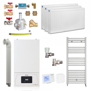 Pachet apartament cu 2 camere, centrala termica pe gaz in condensare Motan Condens KPlus C38GC20V1, 20 kW, Calorifere, Termostat Wireless, Set robineti tur/retur, Kit evacuare inclus si Kit complet armaturi montaj