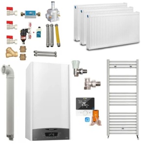 Pachet apartament cu 2 camere, centrala termica pe gaz in condensare Ariston Clas One WIFI 24 kW, Calorifere, Termostat Inteligent, Set robineti calorifere, Kit evacuare inclus si Kit complet armaturi montaj