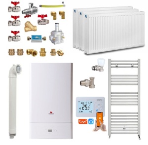 Pachet apartament cu 2 camere, Centrala termica pe gaz in condensare Saunier Duval Semiatek Condens 24 kW, Calorifere, Termostat inteligent WIFI KOPH, Set robineti tur/retur, Kit evacuare inclus si Kit complet armaturi montaj