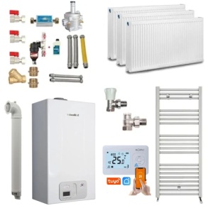 Pachet apartament cu 2 camere, centrala termica pe gaz in condensare Fondital Antea KC 24 kW, Calorifere, Termostat Inteligent, Set robineti calorifere, Kit evacuare inclus si Kit complet armaturi montaj