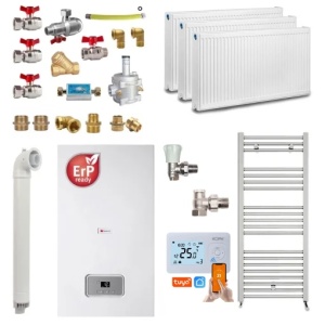 Pachet apartament cu 2 camere, centrala termica pe gaz in condensare Saunier Duval Semia 25-A, 24 kW, Calorifere, Termostat inteligent, Set robineti tur/retur, Kit evacuare inclus si Kit complet armaturi montaj