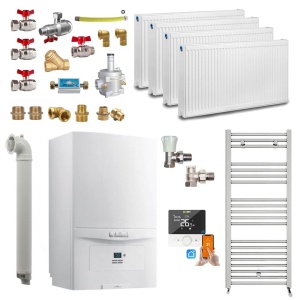 Pachet apartament cu 3 camere, centrala termica pe gaz in condensare Vaillant ecoTEC pure VUW 286/7-2, 26.1 kW, Termostat inteligent, Set robineti, Calorifere, Kit evacuare inclus si Kit complet armaturi montaj