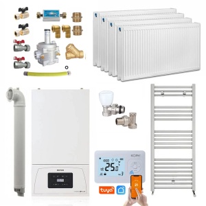 Pachet apartament cu 3 camere, centrala termica pe gaz in condensare Motan Condens KPlus C38GC20V1, 20 kW, Calorifere, Termostat Wireless, Set robineti tur/retur, Kit evacuare inclus si Kit complet armaturi montaj