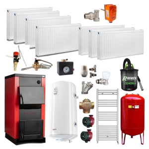 Pachet Centrala/Cazan pe lemn Termax 30 kW, cu ardere standard, volum manta apa 90 litri, Calorifere, Boiler termoelectric, Pompe recirculare, Grup siguranta