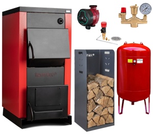 Pachet centrala/Cazan pe lemn Termax 35 kW, cu ardere standard, volum manta apa 105 litri, Vas Expansiune, Pompa Recirculare, Grup siguranta, Regulator tiraj si Cutie depozitare lemn