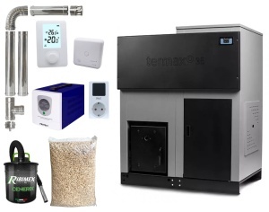 Pachet centrala cu peleti Termax ECO GRI 35 kW, 220 mp, buncar peleti 130 kg, diametru cos fum ⌀80 mm, volum apa 95 litri, Sursa KOPH 700 W + Stecher Schuko cu protectie la joasa si inalta tensiune