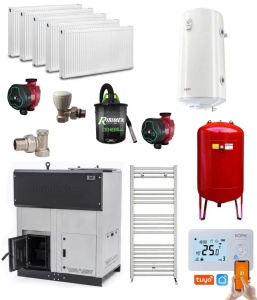 Pachet centrala cu peleti Termax ECO GRI 35 kW, 220 mp, buncar peleti 130 kg, volum apa 95 litri, diametru cos fum ⌀80 mm, Calorifere, Pompe Recirculare, Boiler termoelectric 100 litri, Vas expansiune 50 litri, Termostat inteligent KOPH