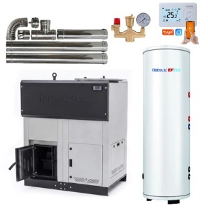 Pachet centrala cu peleti Termax ECO GRI 35 kW, 220 mp, buncar peleti 130 kg, volum apa 95 litri, diametru cos fum ⌀80 mm, Boiler stativ cu serpentina marita 2 in 1 ACM & Buffer, Grup siguranta, Termostat inteligent si Kit cos fum interior