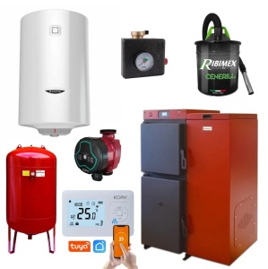 Pachet centrala mixta lemn/pelet Termax Tera 40 kW, 265 mp, buncar peleti 120 kg, volum manta apa 100 litri, diametru cos Ø120 mm, Boiler termoelectric 100 litri, Grup siguranta, Pompa recirculare, Vas expansiune, Termostat ambiental