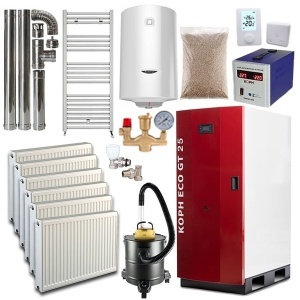 Pachet centrala termica cu peleti KOPH GT 25 kW, pompa de circulatie, vas de expansiune, supapa de siguranta, display electronic, grup siguranta, calorifere, robineti tur/retur, boiler termoelectric 100 litri