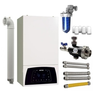 Pachet centrala termica pe gaz in condensare 25 kW, Motan Condens Plus 100 25, Kit de evacuare inclus + 7 ani Garantie + Filtru anticalcar + Filtru antimagnetita + Racorduri apa/gaz