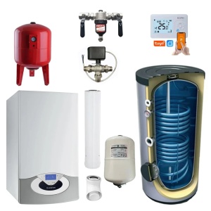 Pachet Centrala termica pe gaz in condensare Ariston Genus Premium EVO HP 45 kW, doar incalzire, Kit de evacuare inclus, Vas expansiune, Boiler stativ 200 litri, Vana amestec 3 cai, Servomotor vana, Termostat KOPH I302, Vas expansiune sanitar