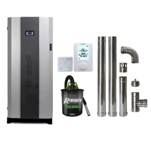Pachet economic - Centrala cu peleti Termax Compact 30 kW, 200 mp, buncar peleti 90 kg, diametru cos fum ⌀80 mm, vas expansiune si pompa recirculare incluse + Termostat ambiental KOPH 303RF + Aspirator cenusa 1000W + Cos fum inox de interior ⌀80 mm