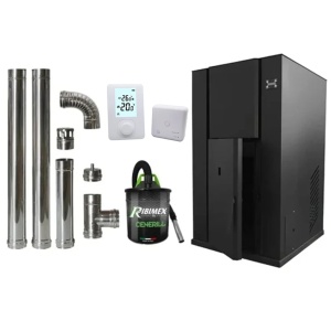 Pachet economic - Centrala peleti KOPH PM 35 KW, 230 mp, buncar peleti 80 kg, diametru cos fum ⌀100 mm, pompa recirculare si vas expansiune incorporate, Termostat ambiental + Aspirator cenusa + Cos fum inox de interior ⌀100 mm